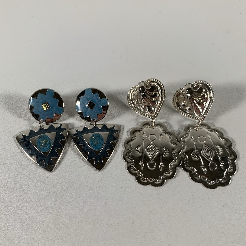 Southwestern Aztec Boho Enamel Etched Silver Toned Dangle Drop Earrings Vintage